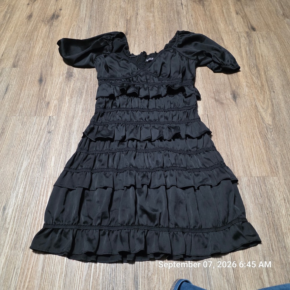 Nasty Gal Collection Black Ruffle Tiered Mini Dress Smocked Back US 2